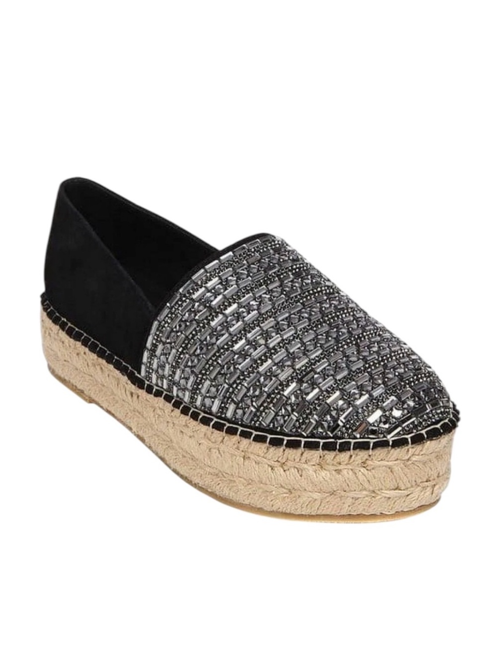 Steve Madden Proud Rhinestone & Black Leather Espadrille Slip Ons - Size 6 Women